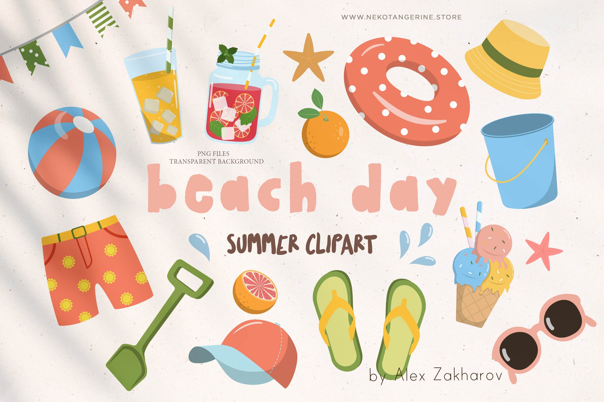 Summer beach clipart PNG drinks, sunglasses, flip-flops, ice cream, summer tropical stickers
