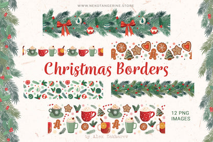 Christmas Greenery and Hot Chocolate Borders Digital PNG Clipart