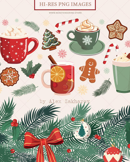 Christmas Greenery and Hot Chocolate Borders Digital PNG Clipart