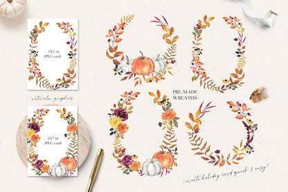 Watercolor white pumpkin clipart, fall floral clipart, fall wreath, watercolor pumpkin clip art, autumn flowers png, fall border clipart, fall foliage, fall leaves frame, autumn wreath, frame.