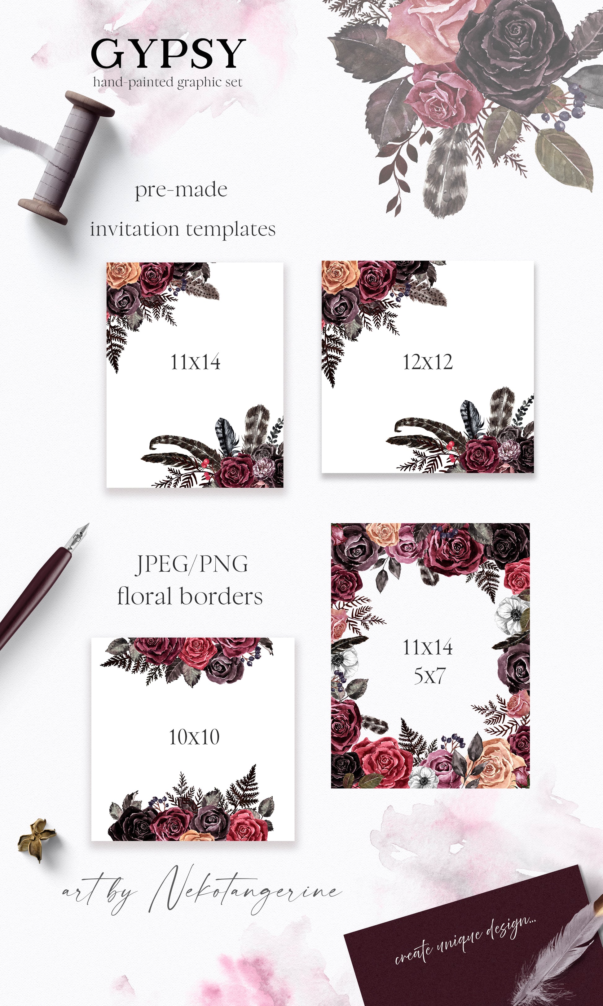 Vintage Fall Watercolor Dark Roses Victorian Goth Frames Clipart, Black and Burgundy Rose Wedding Invitations, Flower Border clipart.