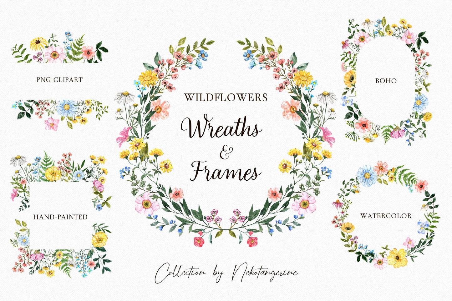Watercolor Boho Wildflowers Frames and Wreaths clipart, watercolor wildflower clipart, floral frame PNG clip art by Anna Kuzmina