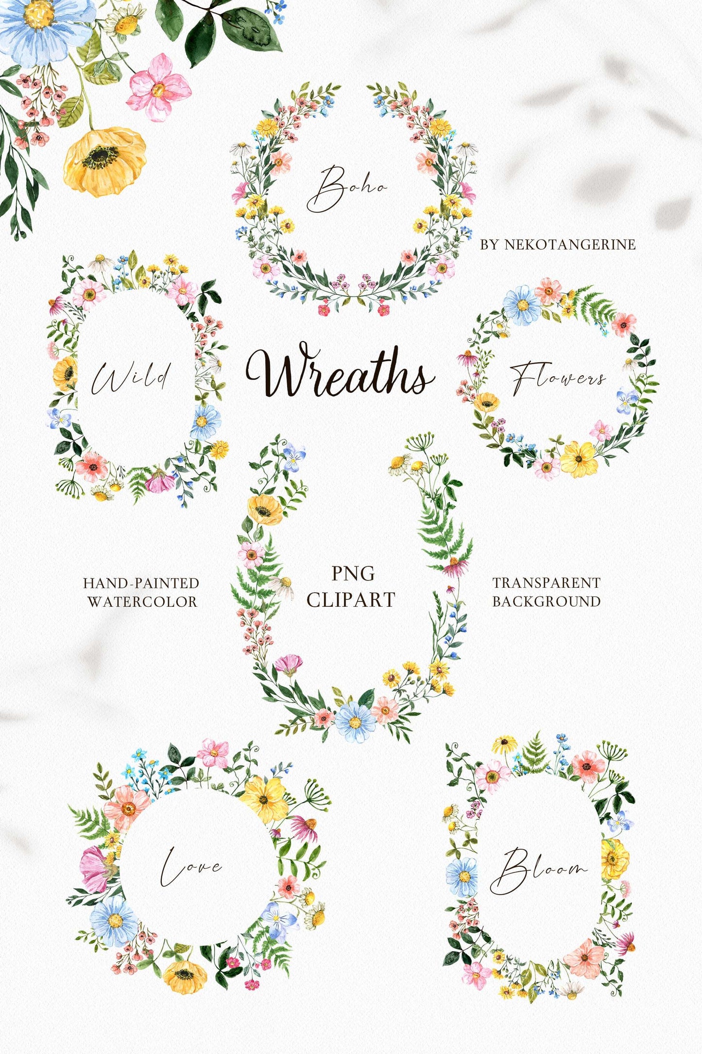 Watercolor Boho Wildflowers Frames and Wreaths clipart, watercolor wildflower clipart, wild flower frame clip art