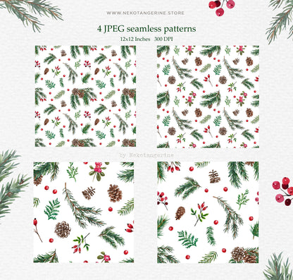 Watercolor Christmas Greenery Winter Borders Frames Papers Clipart