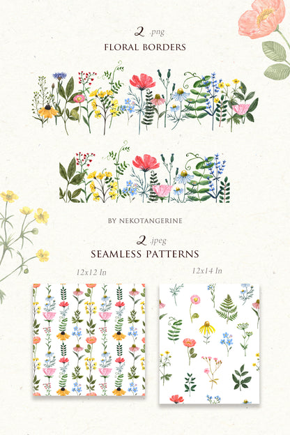 Watercolor wildflowers, hand-painted illustration, PNG clipart, summer meadow flowers graphic, wildflower border, wildflower seamless pattern