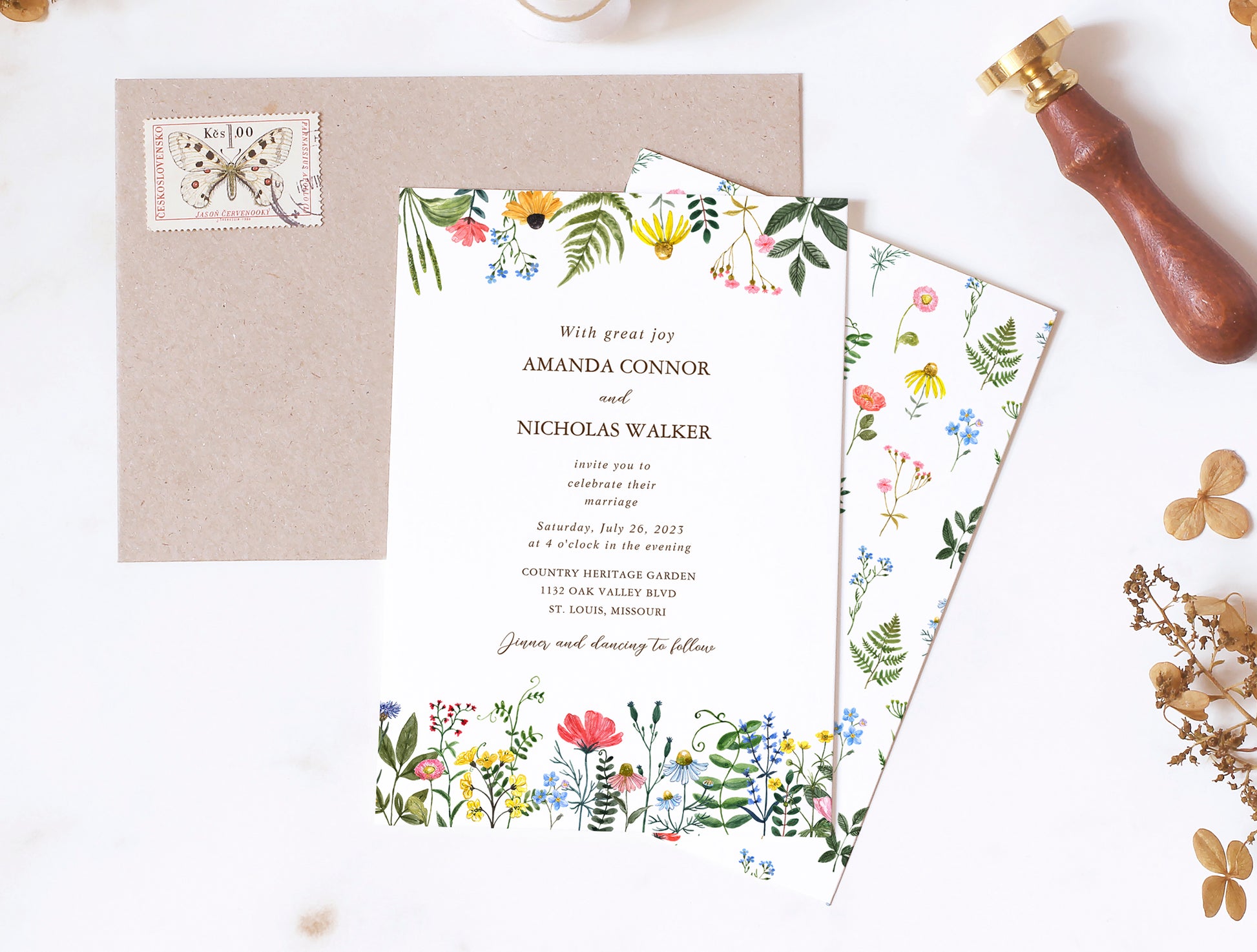 Watercolor whimsical wildflowers wedding invitation
