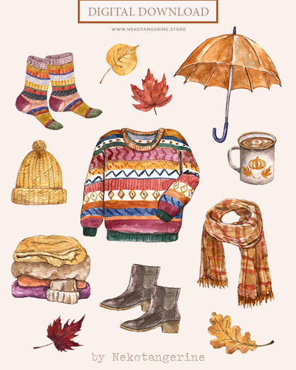 Watercolor Fall Sweater Scarf Clipart Autumn printable PNG stickers