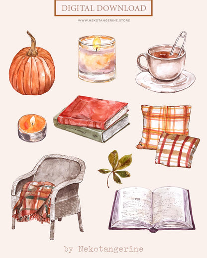 Watercolor Fall Sweater Pumpkin Coffee Tea Books  Clipart Autumn clipart