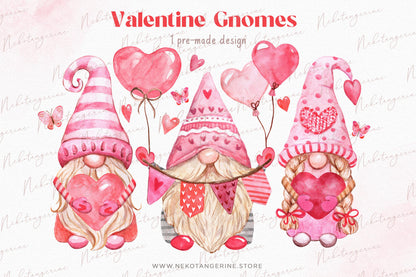 Watercolor Valentine's Day Gnomies Png Clipart Sublimation Design Valentine Gnome