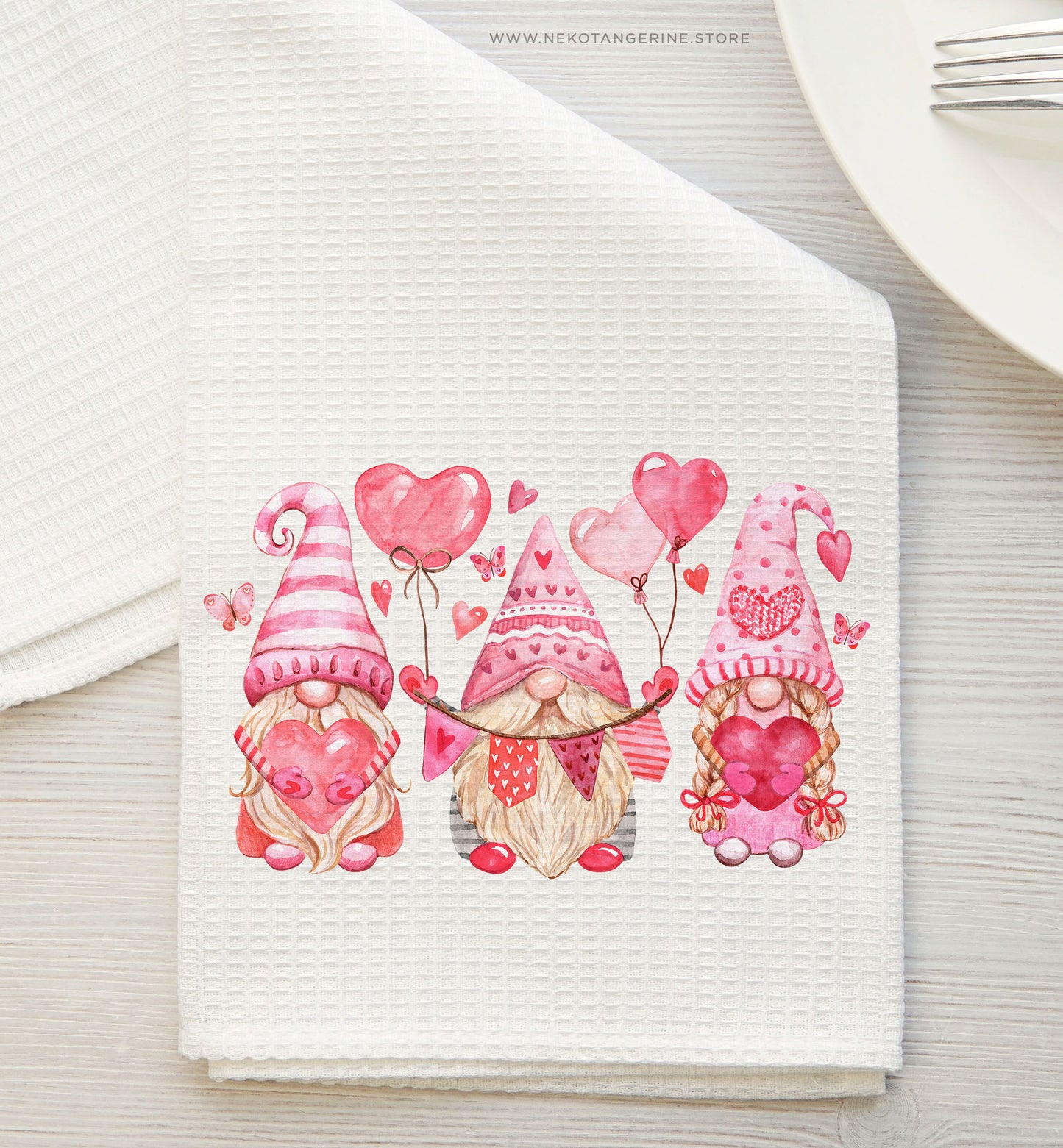Watercolor Valentine's Day Gnomies Png Sublimation Design Kitchen Tea Towel