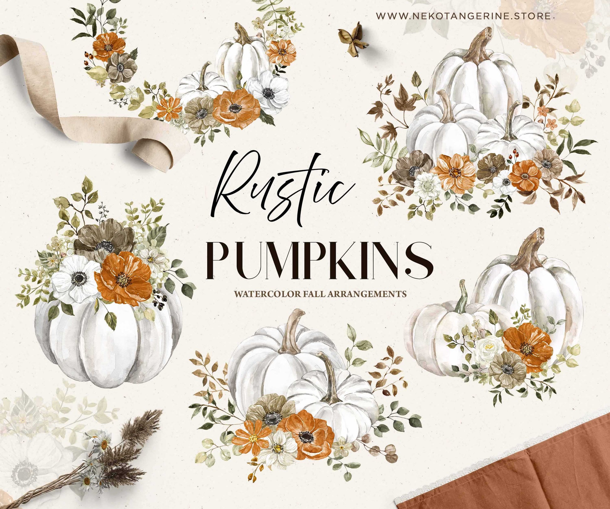 Watercolor neutral beige pumpkin and rust burnt orange flowersclipart, fall floral pumpkin png clip art, autumn pumpkin wreath clipart.