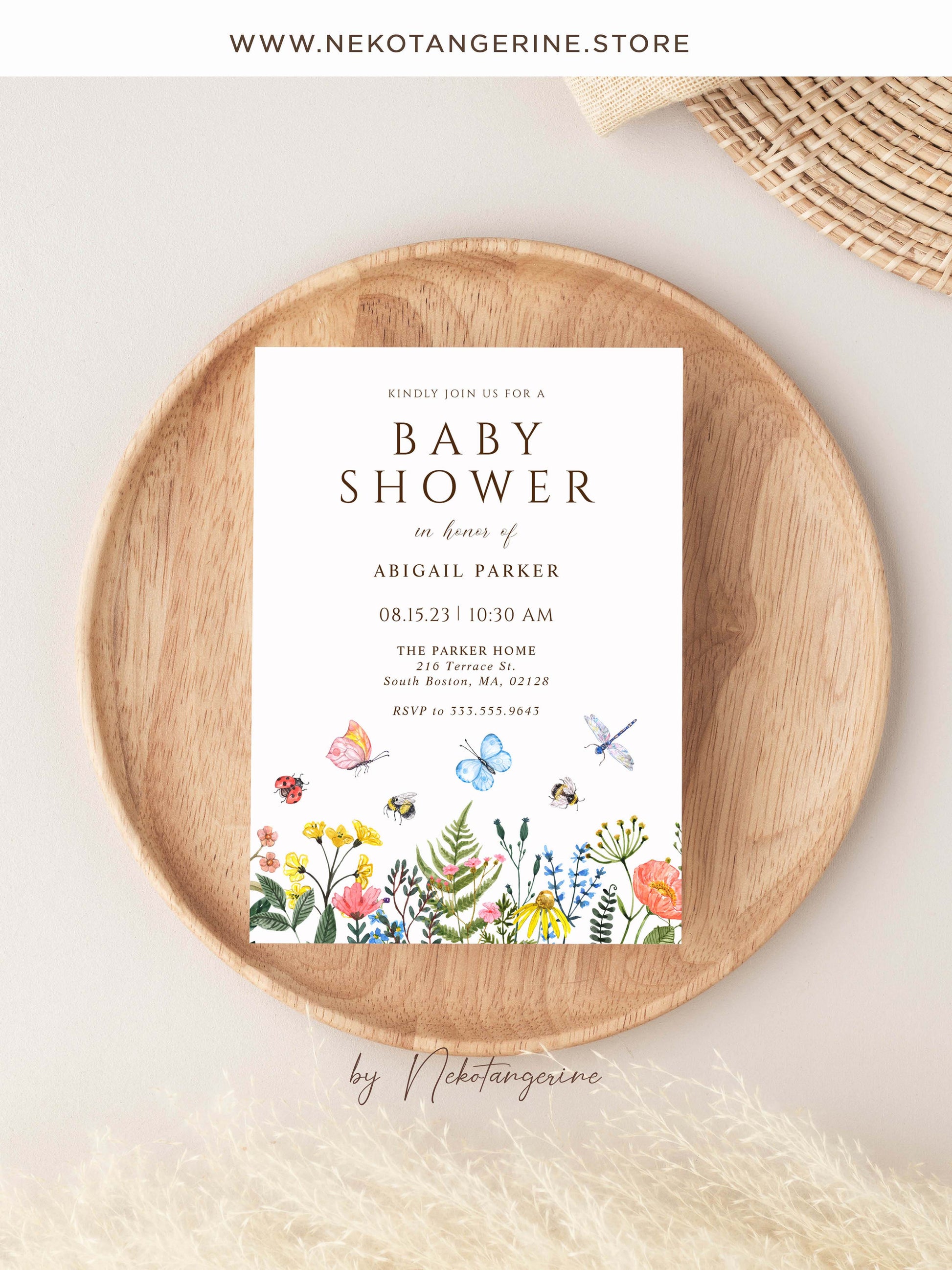 Watercolor wildflower baby shower invite, made of floral frame clipart by Nekotangerine