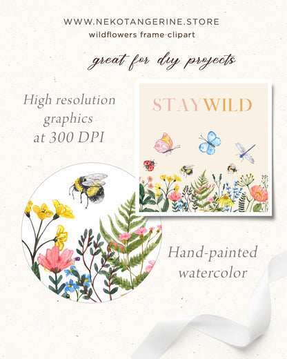 Watercolor wildflowers frame, border clipart