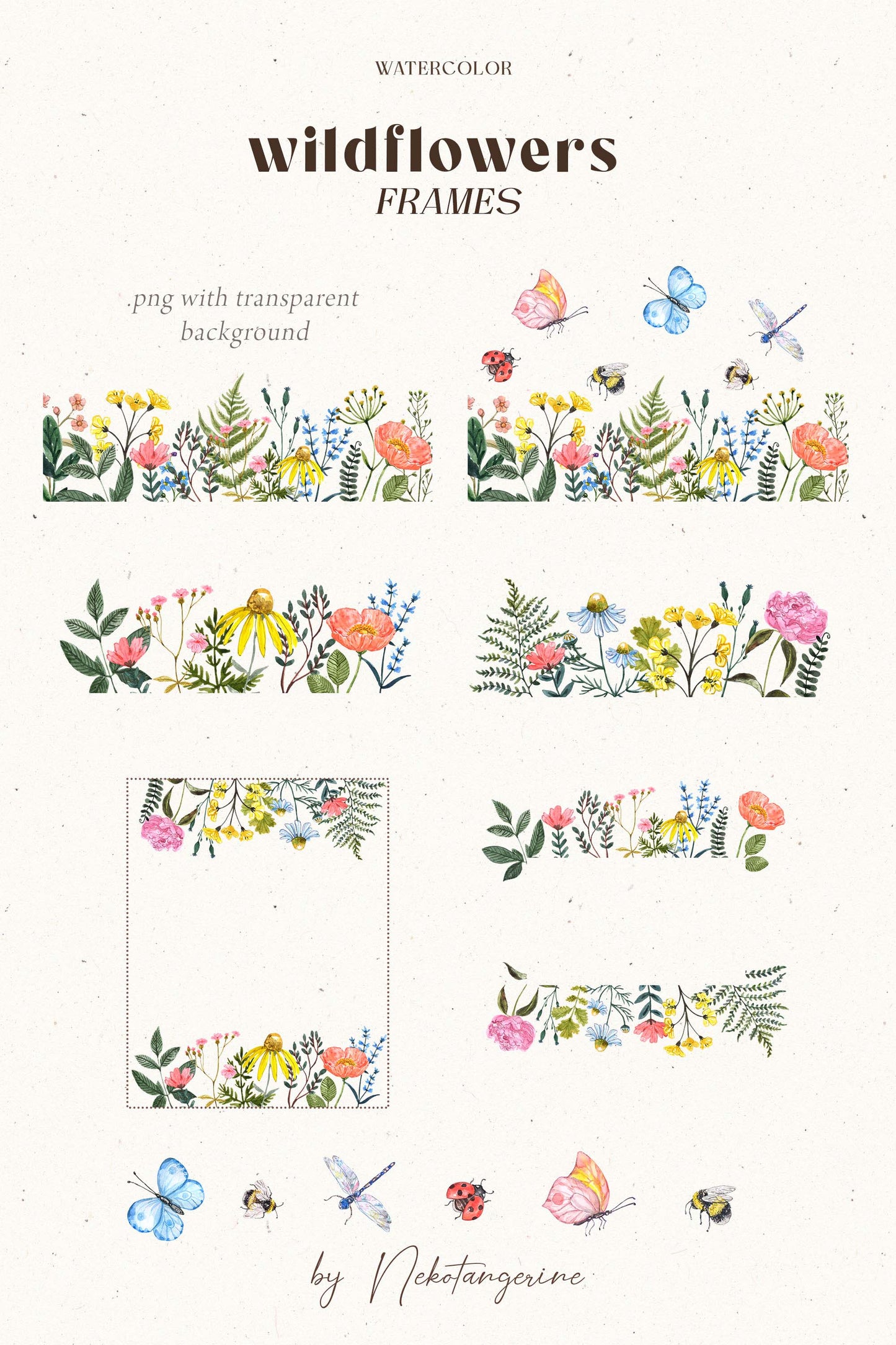 Watercolor wild flower png border and frame clipart, floral frames with bees and butterflies, Nekotangerine 