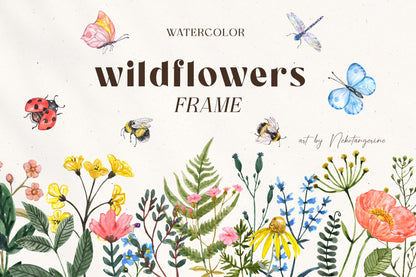Watercolor wildflower frame clipart by Nekotangerine