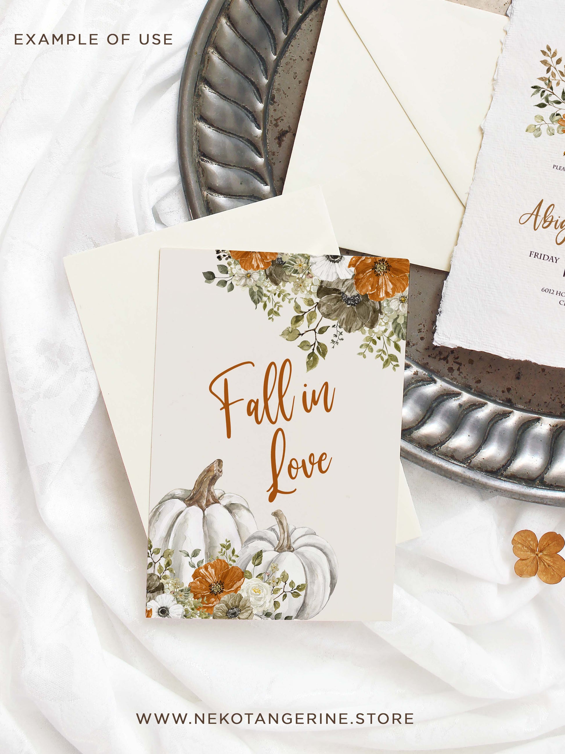 Fall rustic neutral beige pumpkins and rust burnt orange flowers wedding invitation design example