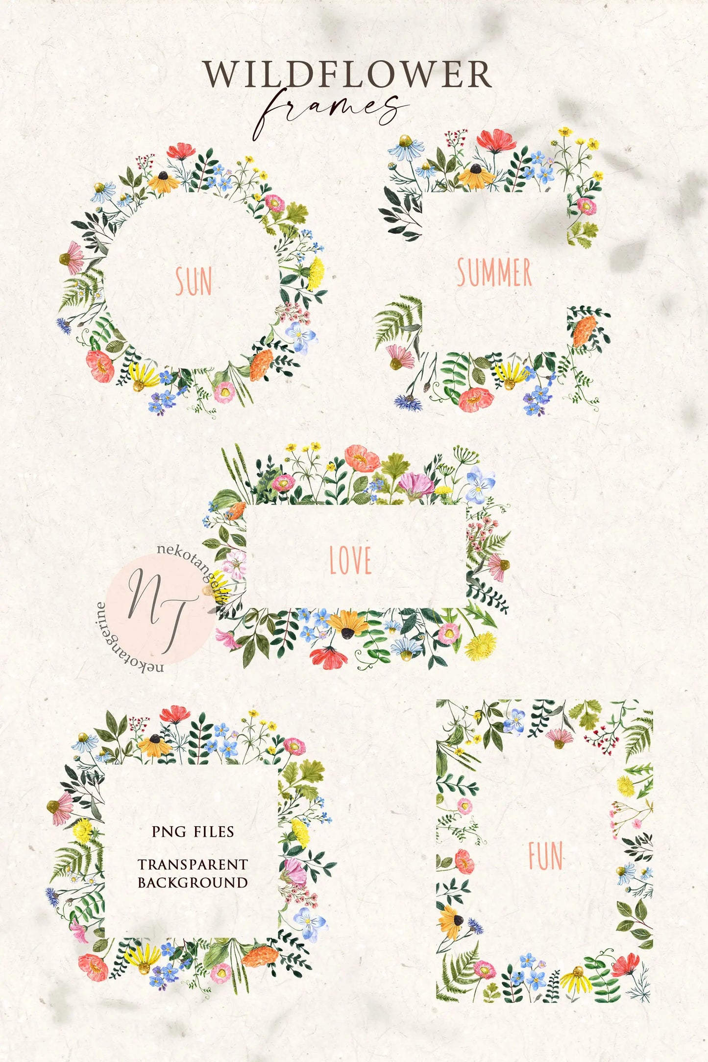 Watercolor Meadow Wildflower Frames and Borders clipart, watercolor wildflower clipart PNG