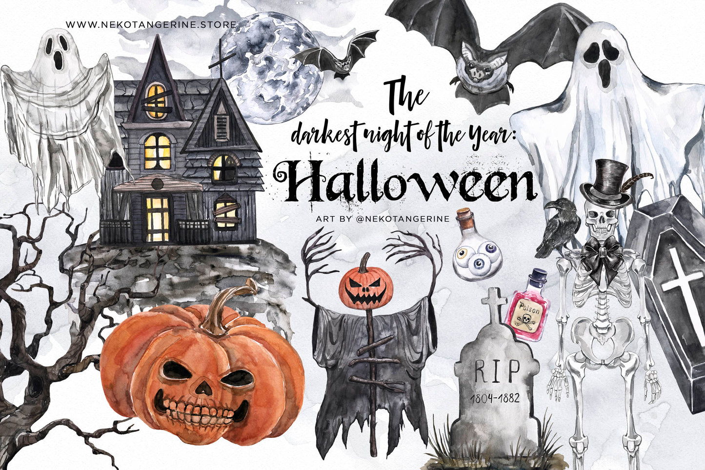 Watercolor Halloween Clipart Vintage Goth Haunted House Ghost Skeleton Skull Bat