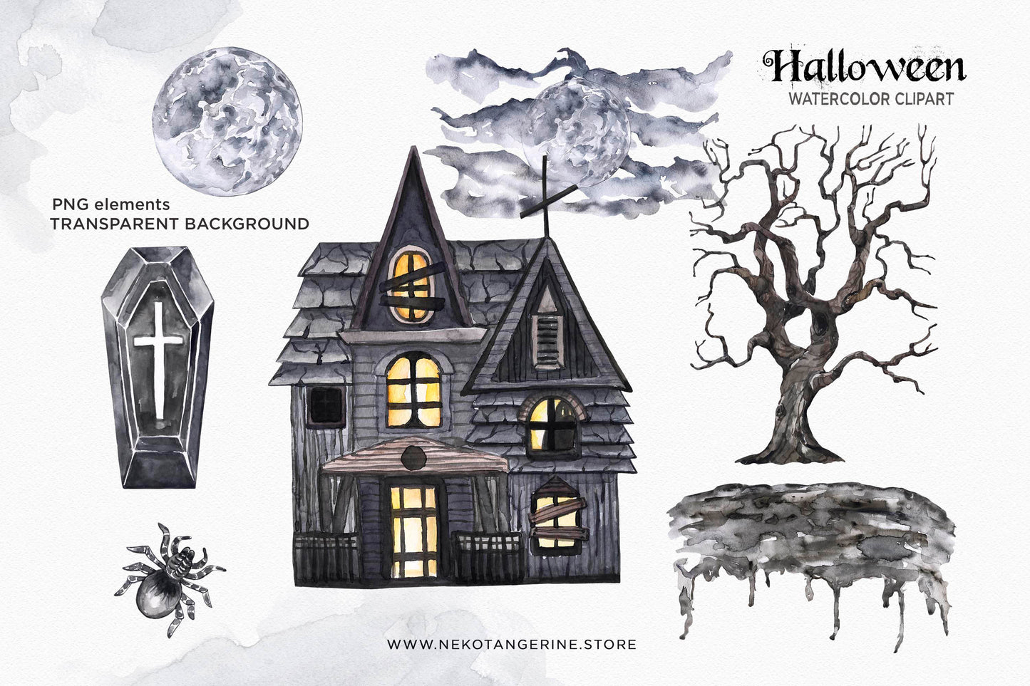 Watercolor Halloween Clipart Vintage Goth Haunted House Ghost Skeleton Skull Bat Jack O Lantern Dad spooky Tree