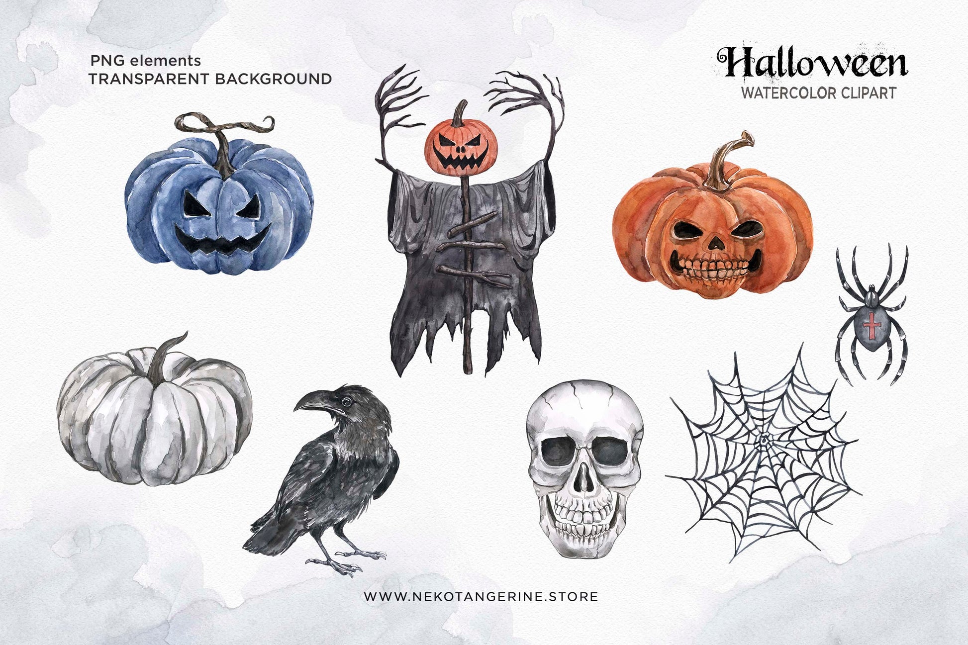 Watercolor Halloween Clipart Vintage Goth Haunted House Ghost Skeleton Skull Bat Jack O Lantern
