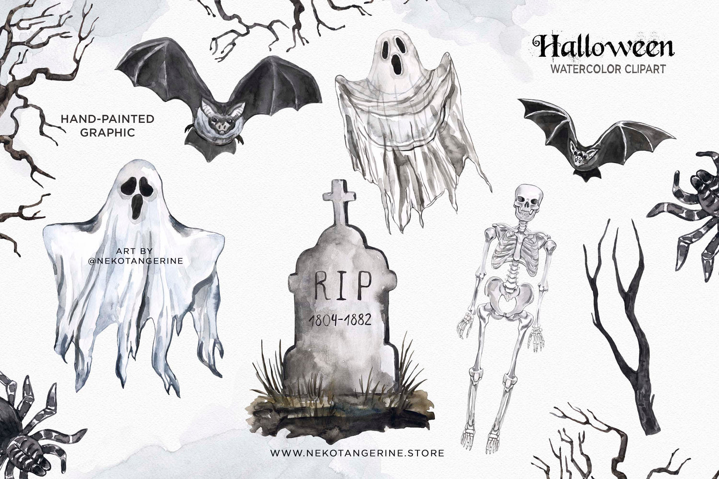 Watercolor Halloween Clipart Vintage Goth Haunted House Ghost Skeleton Skull Bat Jack O Lantern Graveyard Tombstone