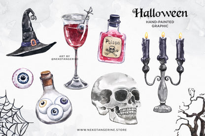 Watercolor Halloween Clipart Vintage Goth Haunted House