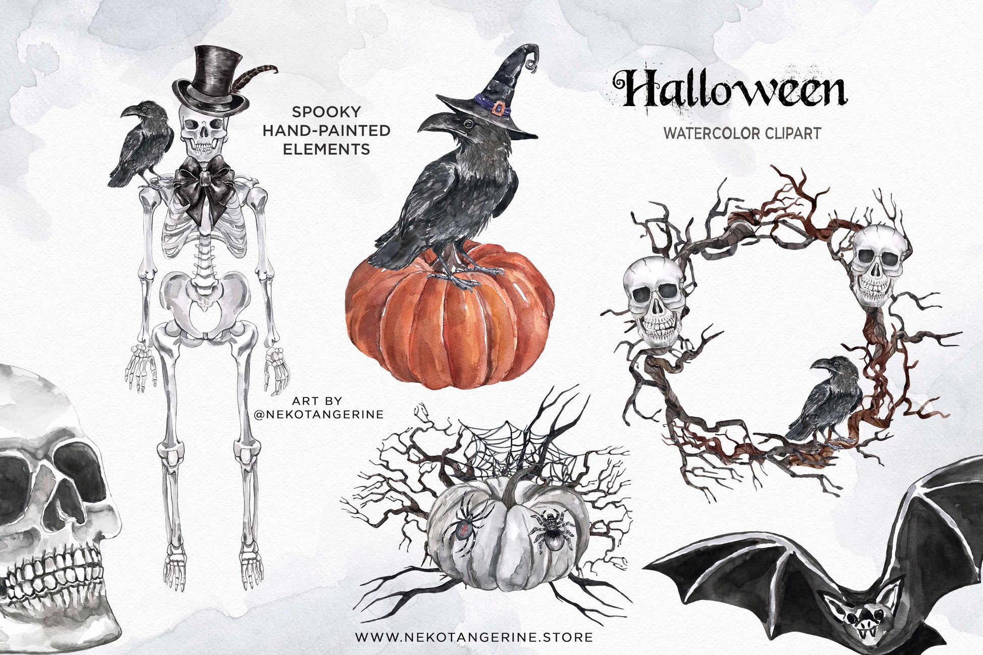 Watercolor Halloween Clipart Vintage Goth Haunted House Ghost Skeleton Skull Bat Jack O Lantern Graveyard Tombstone Raven Crow