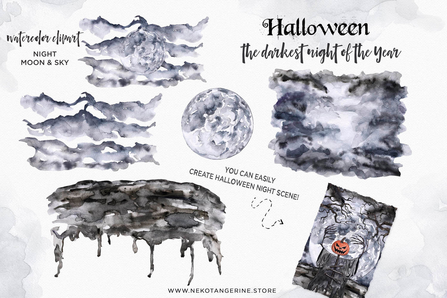 Watercolor Halloween Clipart Vintage Goth Haunted House Ghost Skeleton Skull Bat Jack O Lantern Graveyard Tombstone Moon Night